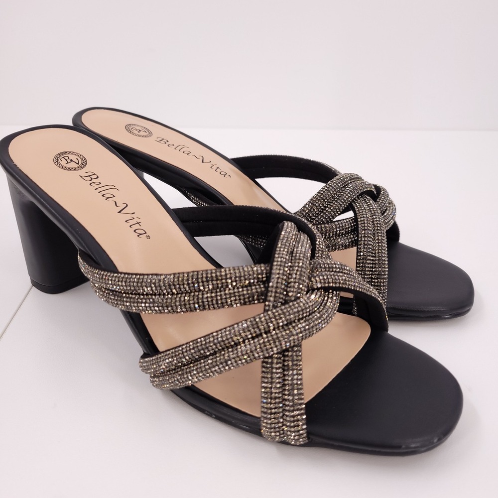 Bella‎ Vita Carmen Black Micro Suede Stones Block Heel Sandals Womens 8M NEW